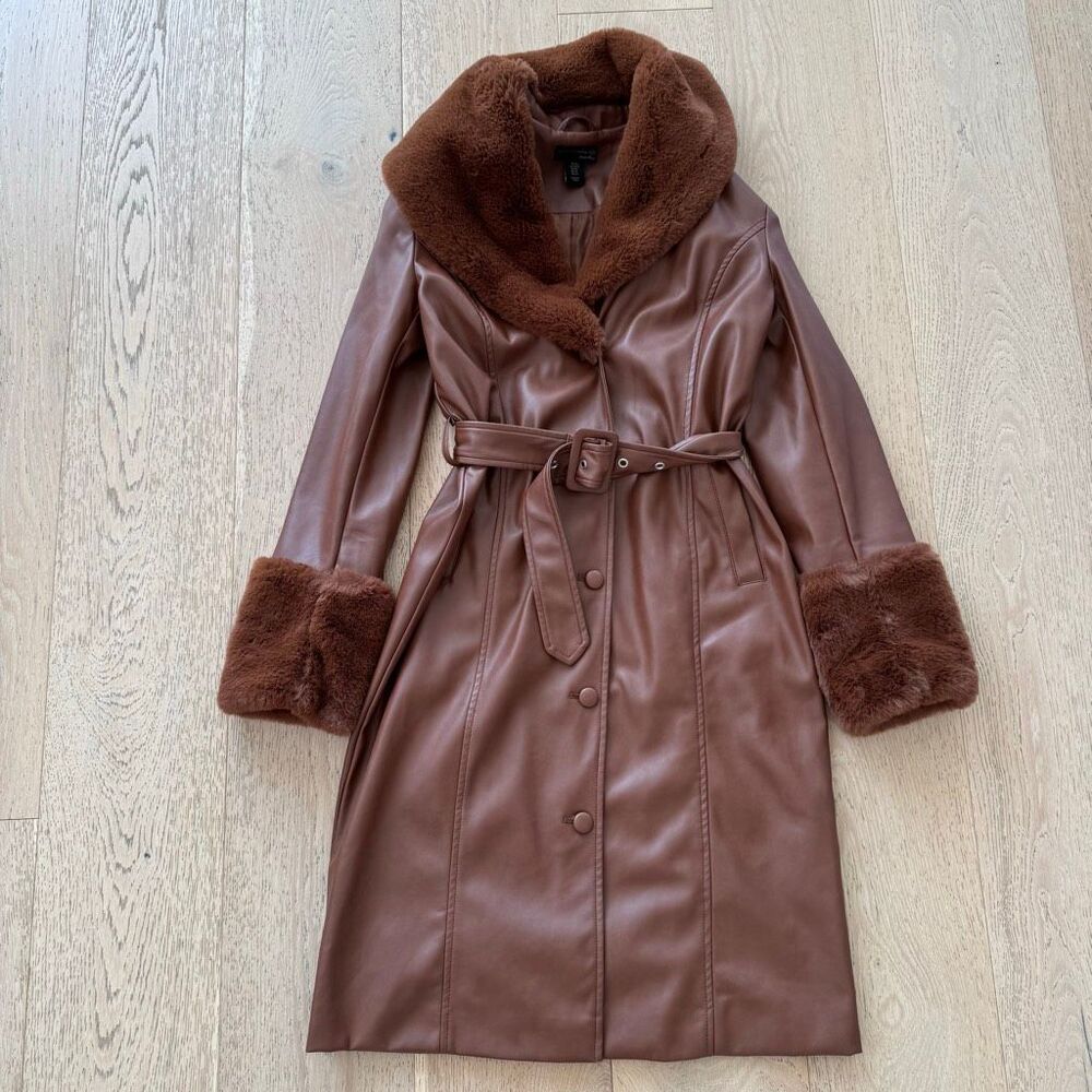House of Harlow Revolve 1960 Vegan Leather Faux Fur Chocolate Brown Coat Size XS